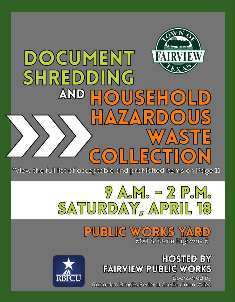 An image of a poster announcing a document shredding and household hazardous waste collection event from 9 a.m. to 2 p.m. April 18 at the Fairview Public Works Yard, 500 S. State Highway 5