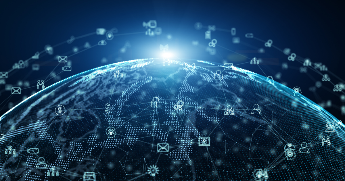 Image of the tope of an earth-like sphere surrounded by digital icons