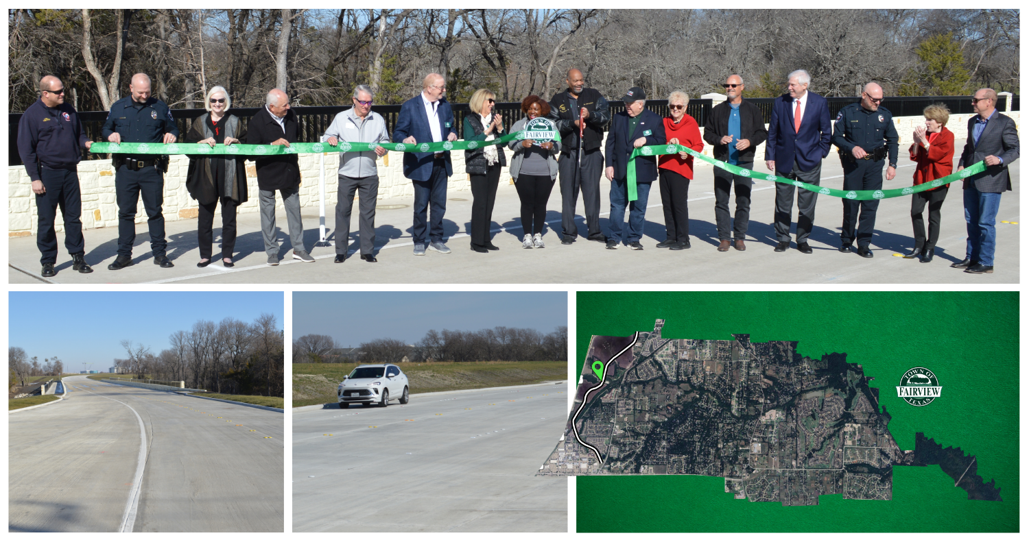 Collage image showing 16 people participating in a ribbon cutting ceremony, a newly opened road and a map of Fairview with the new road pinpointed