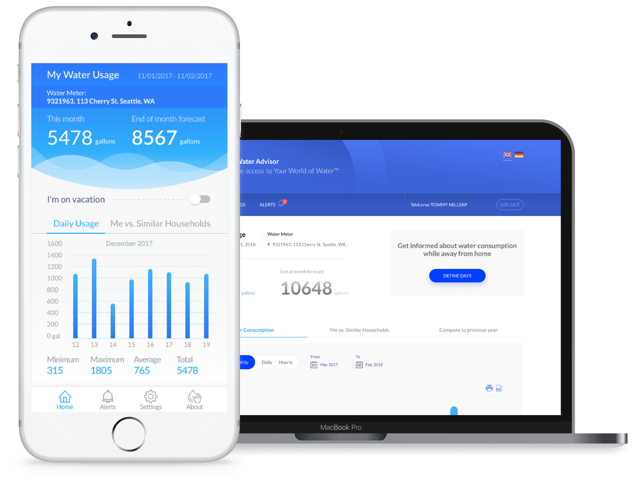 Image of My Water Advisor 2.0 app and website shown on a phone screen and a computer screen
