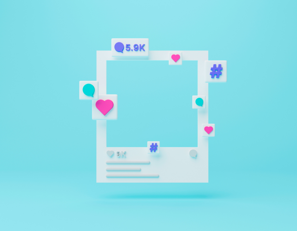 Image of a frame for a social media post surrounded by emojis and hash tags