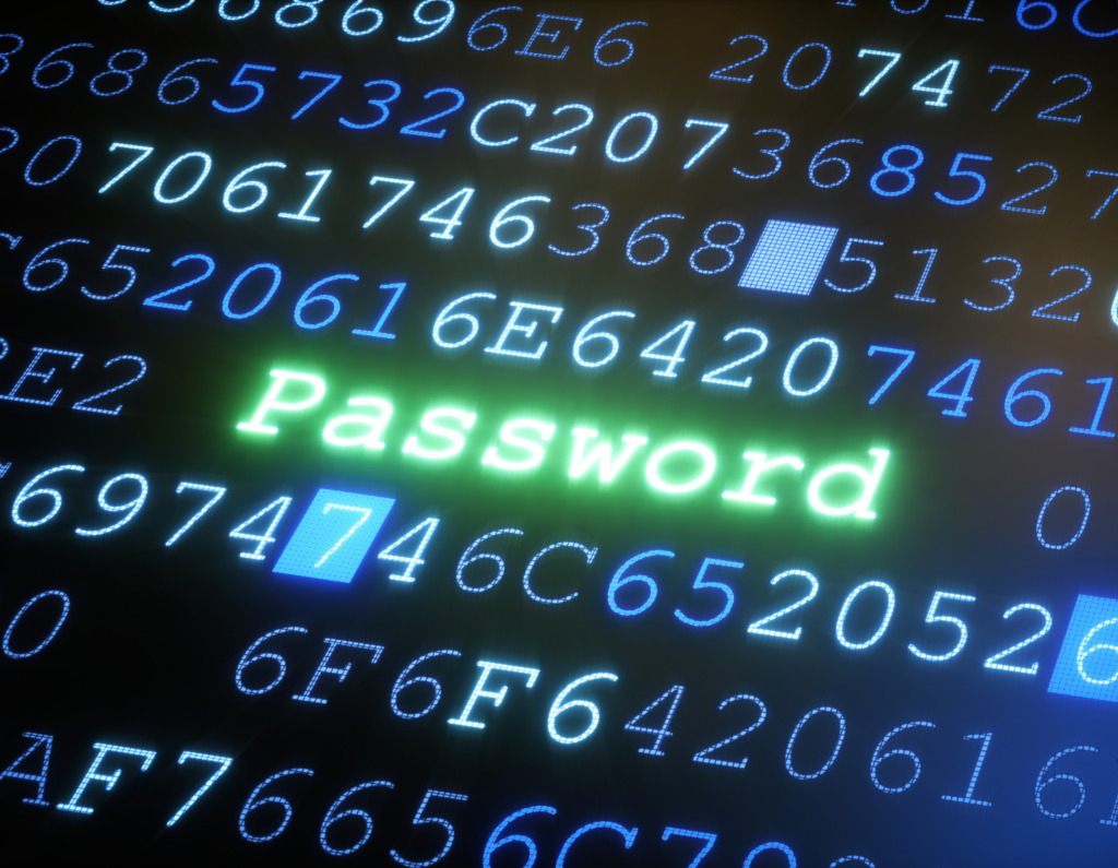 Image of jumbled numbers and letters on a digital screen with the word Password highlighted