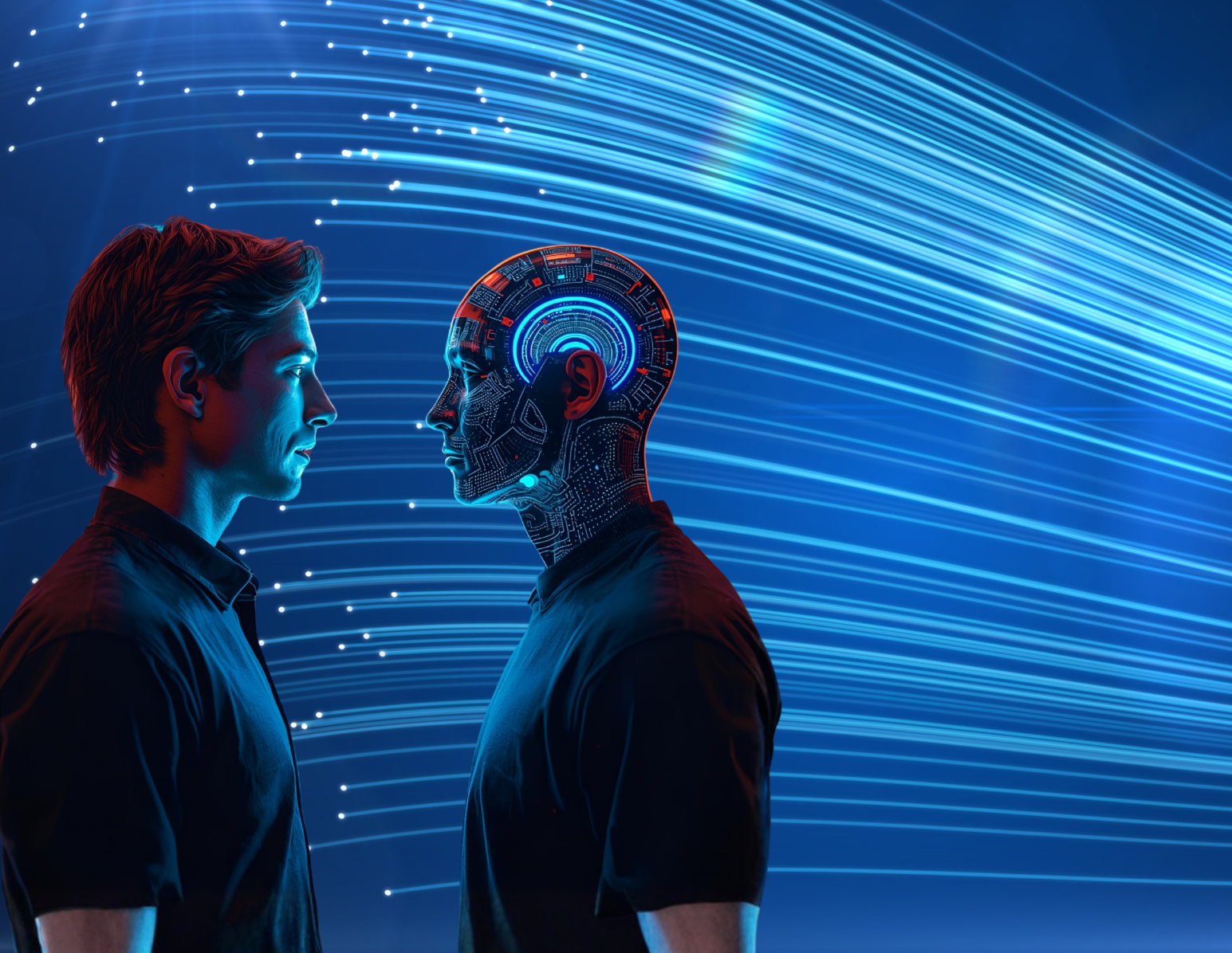 Image of a human man and a artificial man facing each other