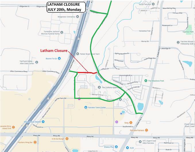Map showing the segment of Latham Drive that will be closed and alternate routes. 